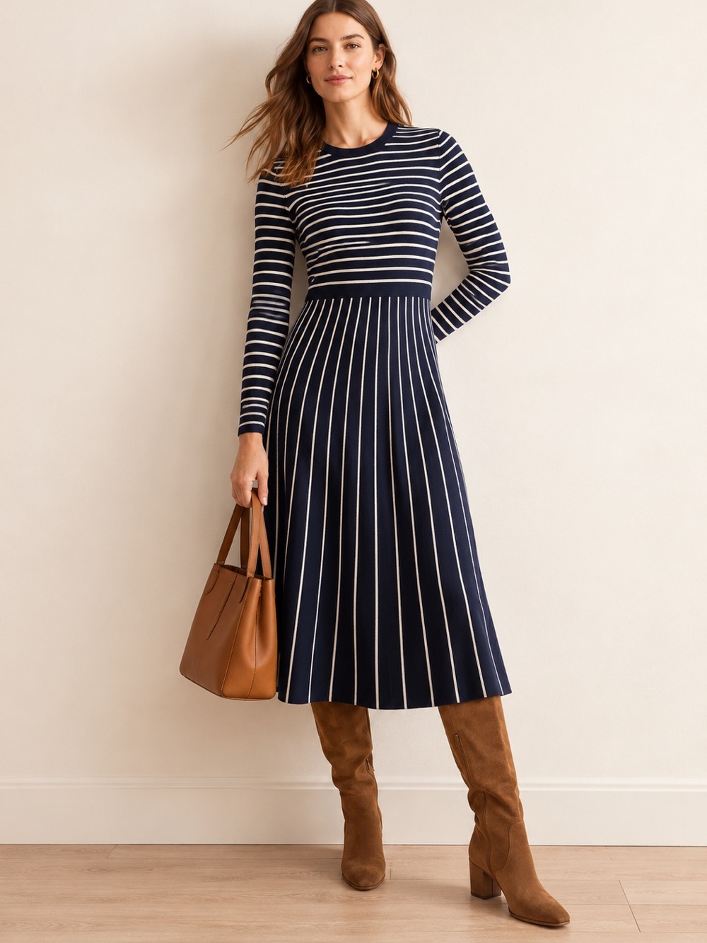 Boden | Maria Knitted Midi Dress | Navy Ivory Stripe | US 12R